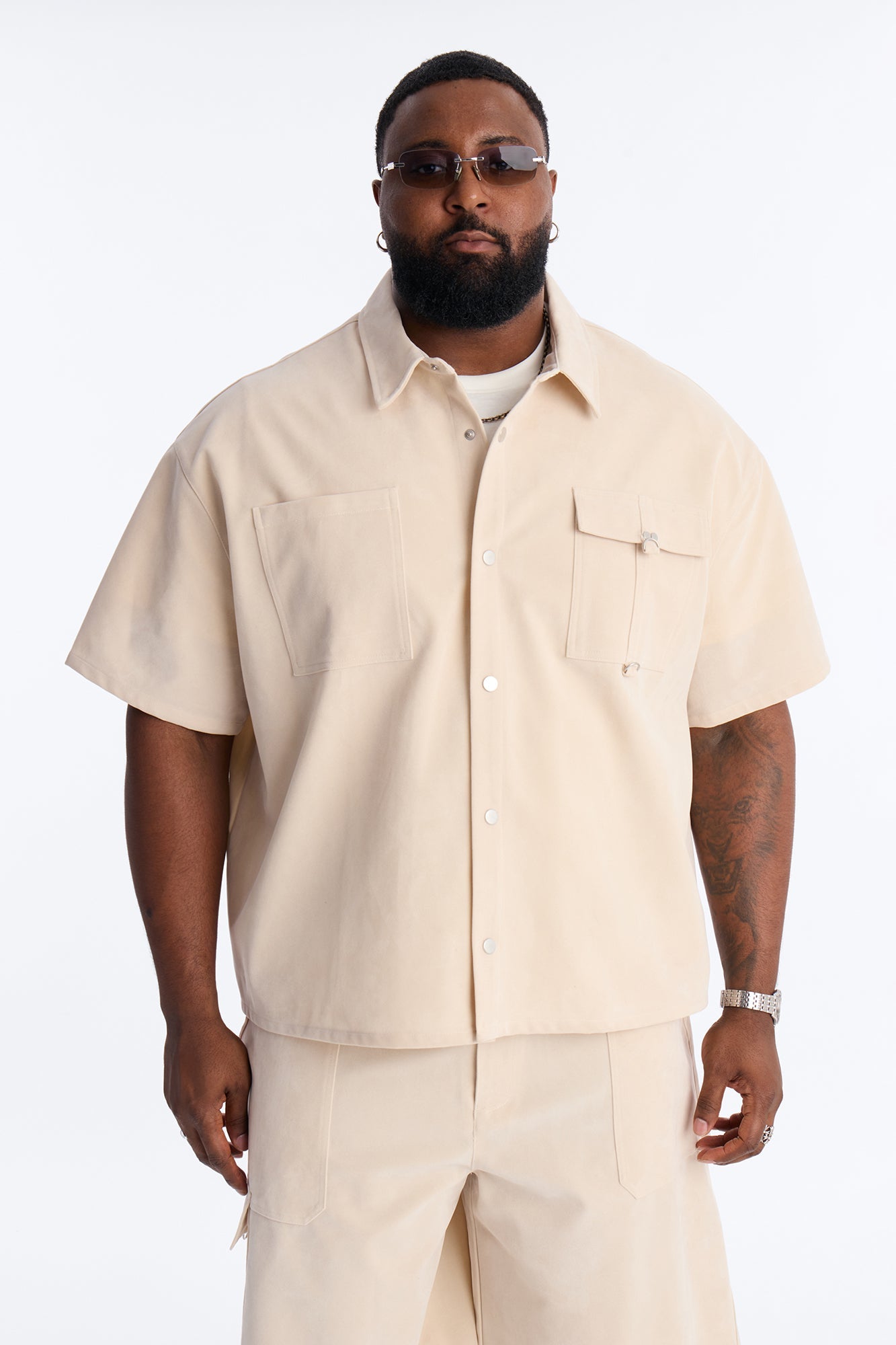 Boxy Cropped Ranch Faux Suede Utility Button Up Shirt - Stone