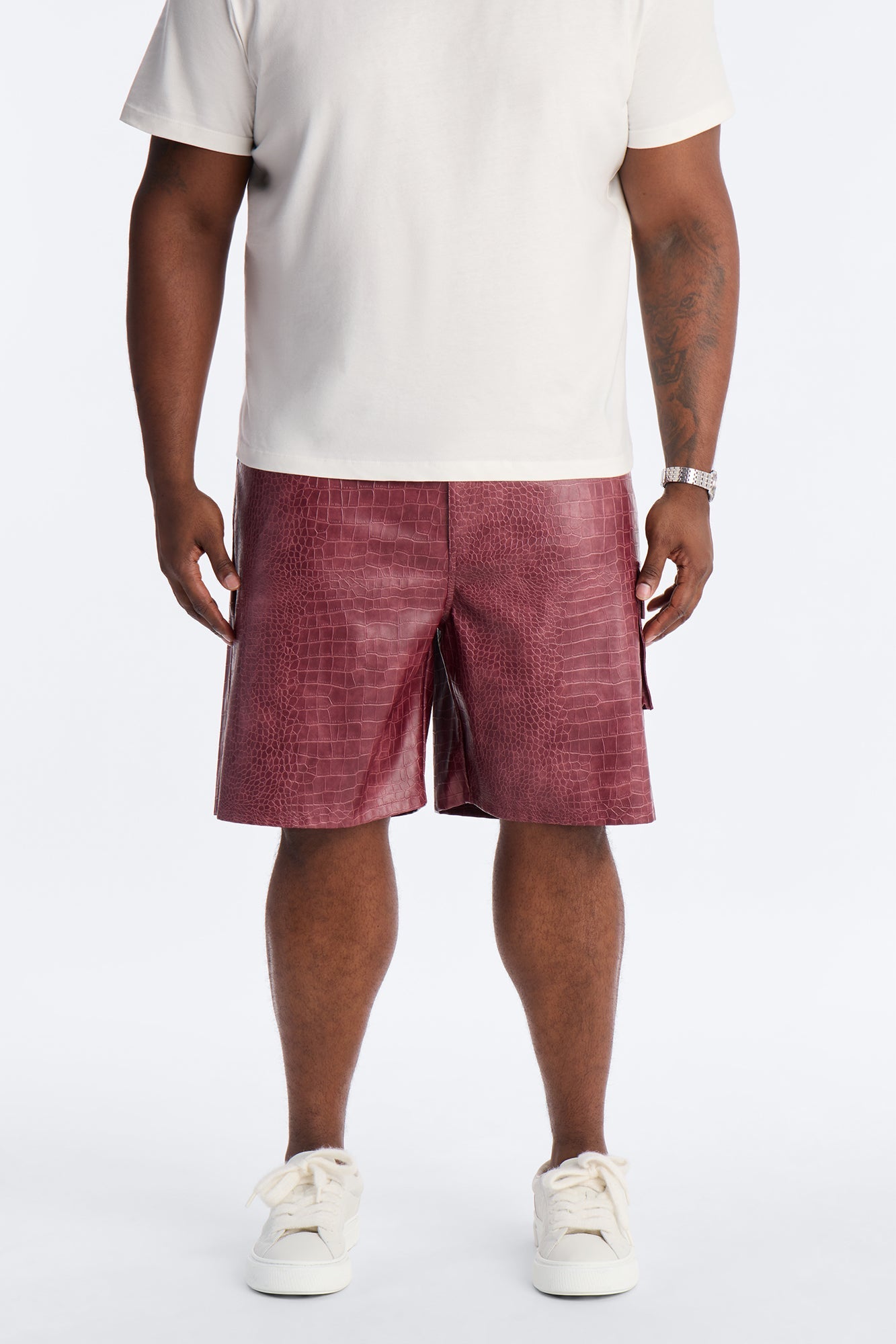 Relaxed Freedom Lane Faux Leather Croc Short - Burgundy