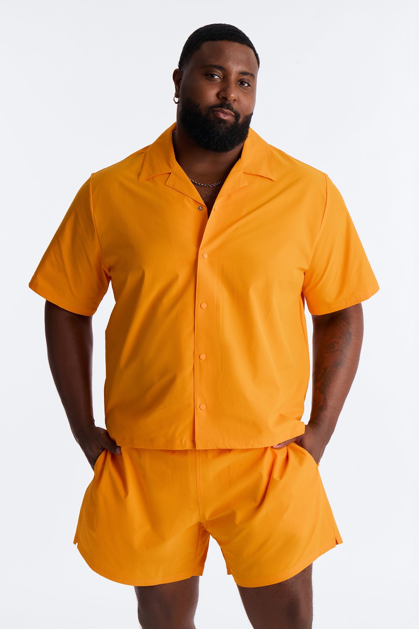 Seersucker Short Sleeve Cuban Collar Shirt - Orange