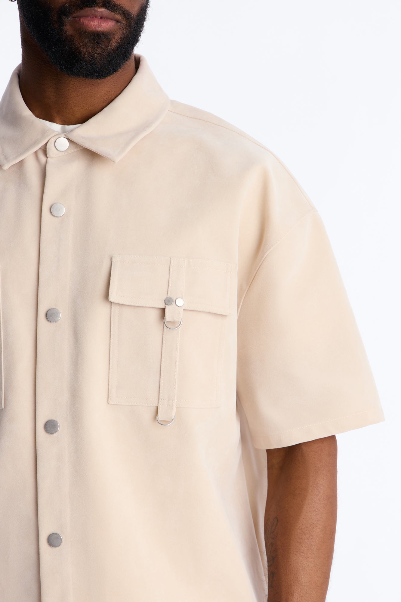 Boxy Cropped Ranch Faux Suede Utility Button Up Shirt - Stone
