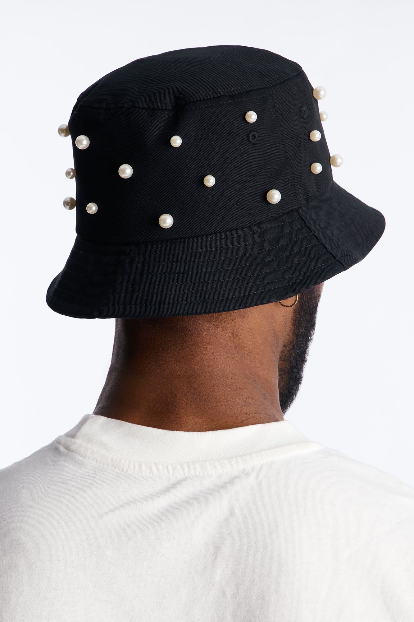 Pearl Embellished Cotton Bucket Hat - Black
