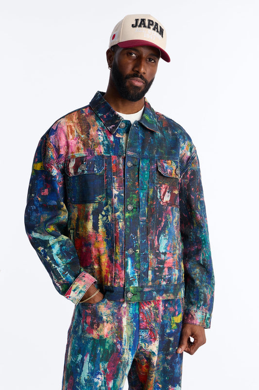 Cropped On The Gogh Painted Wide Work Jacket - Multi Color