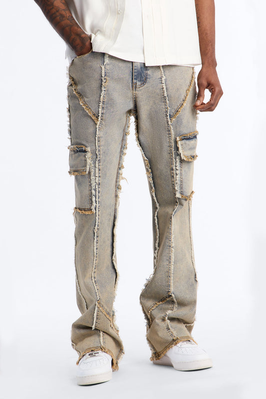 Raw Edge Skinny Stacked Flare Jeans - Vintage Wash