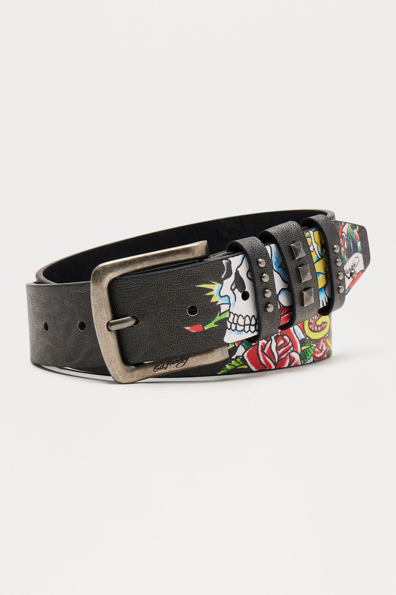 Ed Hardy Skulls & Roses Studded Belt - Black