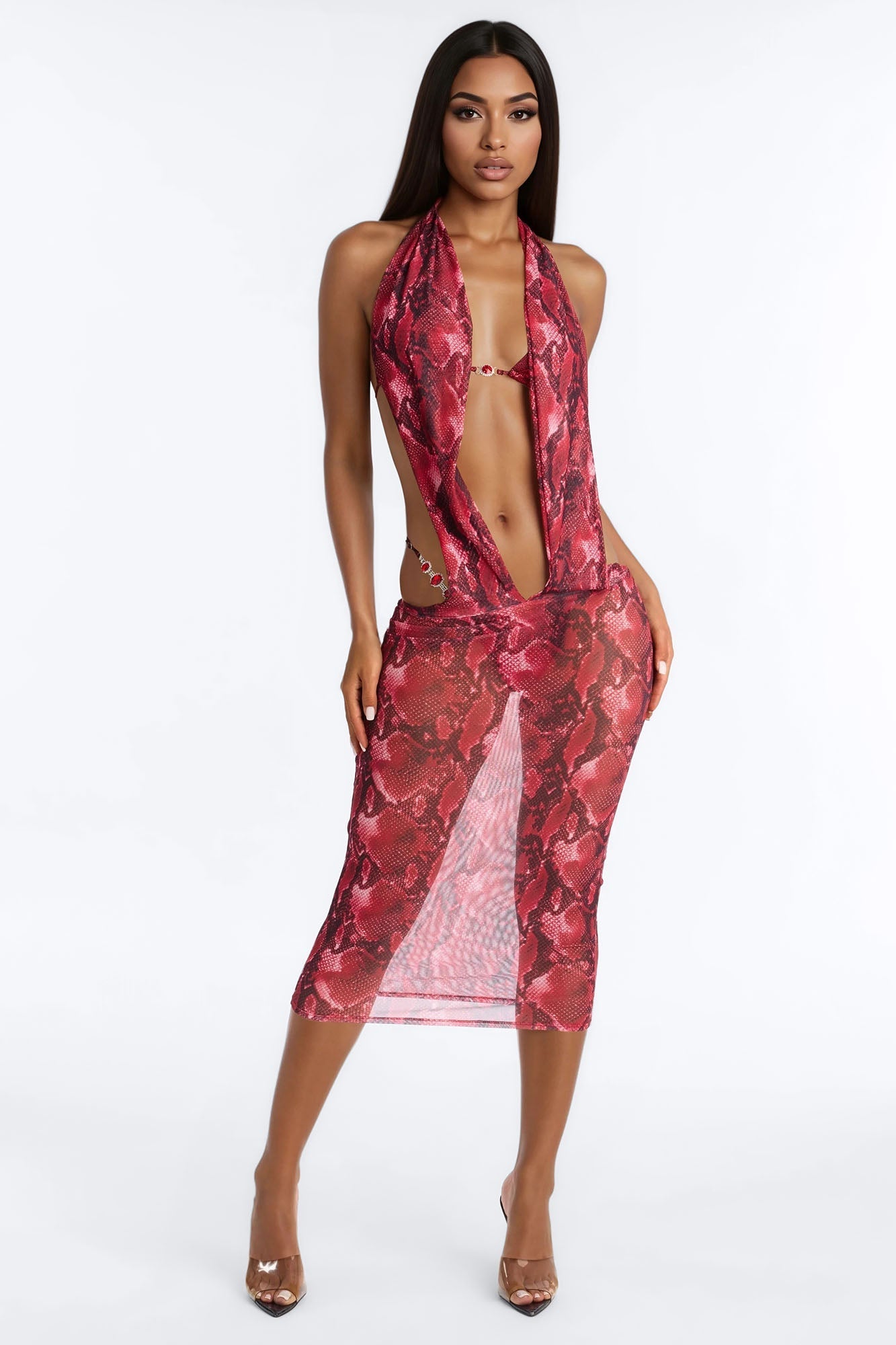 Humid Morning Snake Sheer Halter Deep V-Neck Swim Cover Up Midi Dress - Red/Black NEWFASHIONEDGE