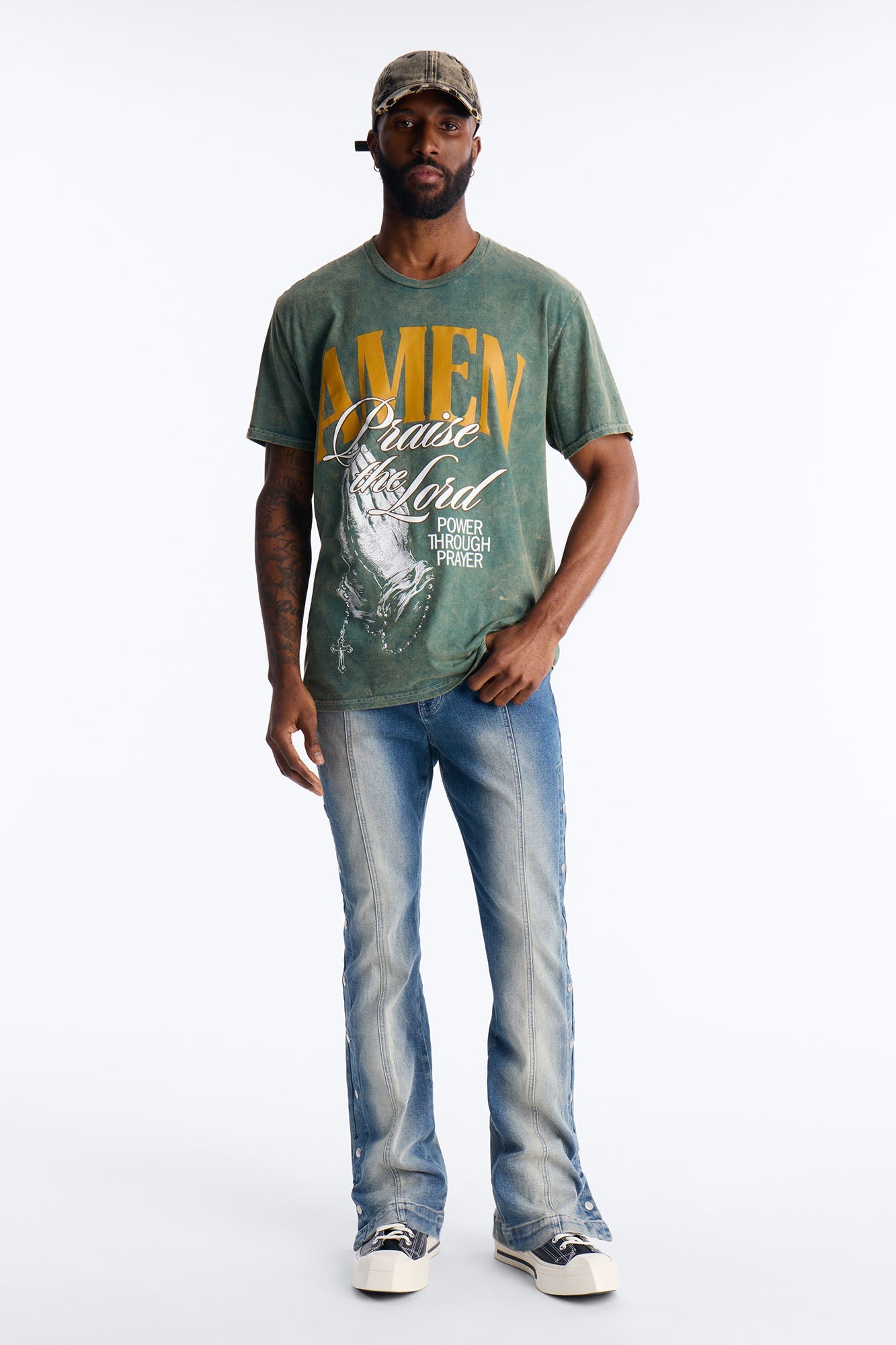Amen Praise The Lord Rosary Studded Detail Graphic Short Sleeve Tee - Hunter Green