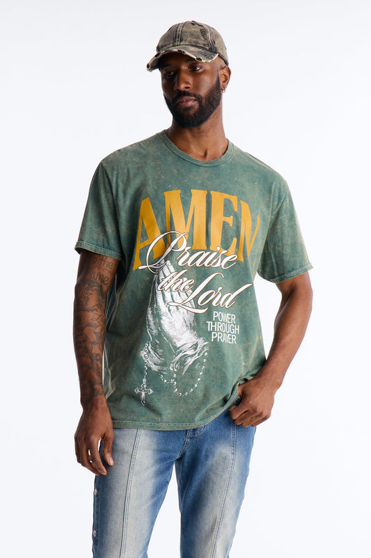 Amen Praise The Lord Rosary Studded Detail Graphic Short Sleeve Tee - Hunter Green