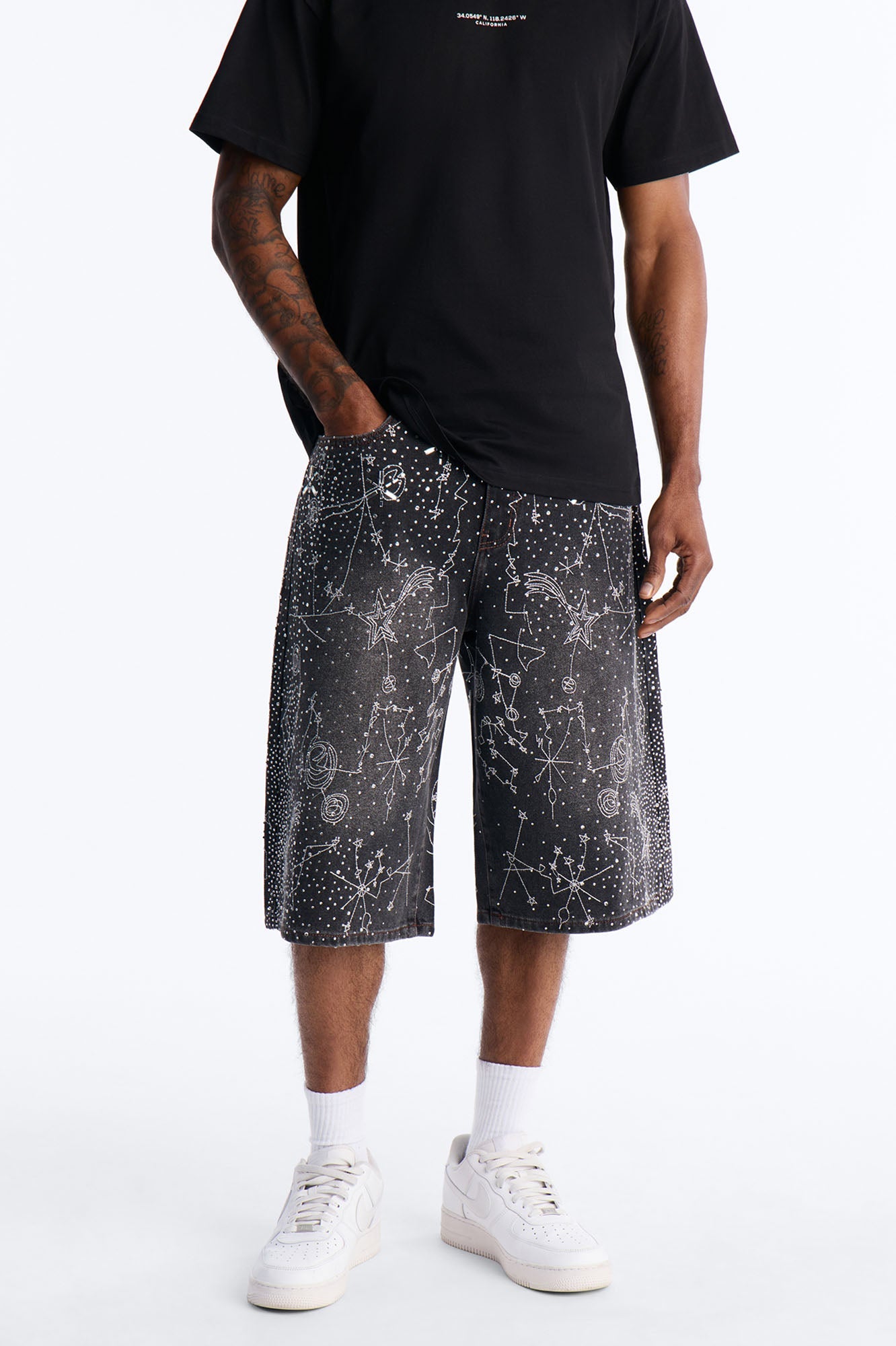 Rhinestone Interstellar Baggy Denim Short - Black Wash