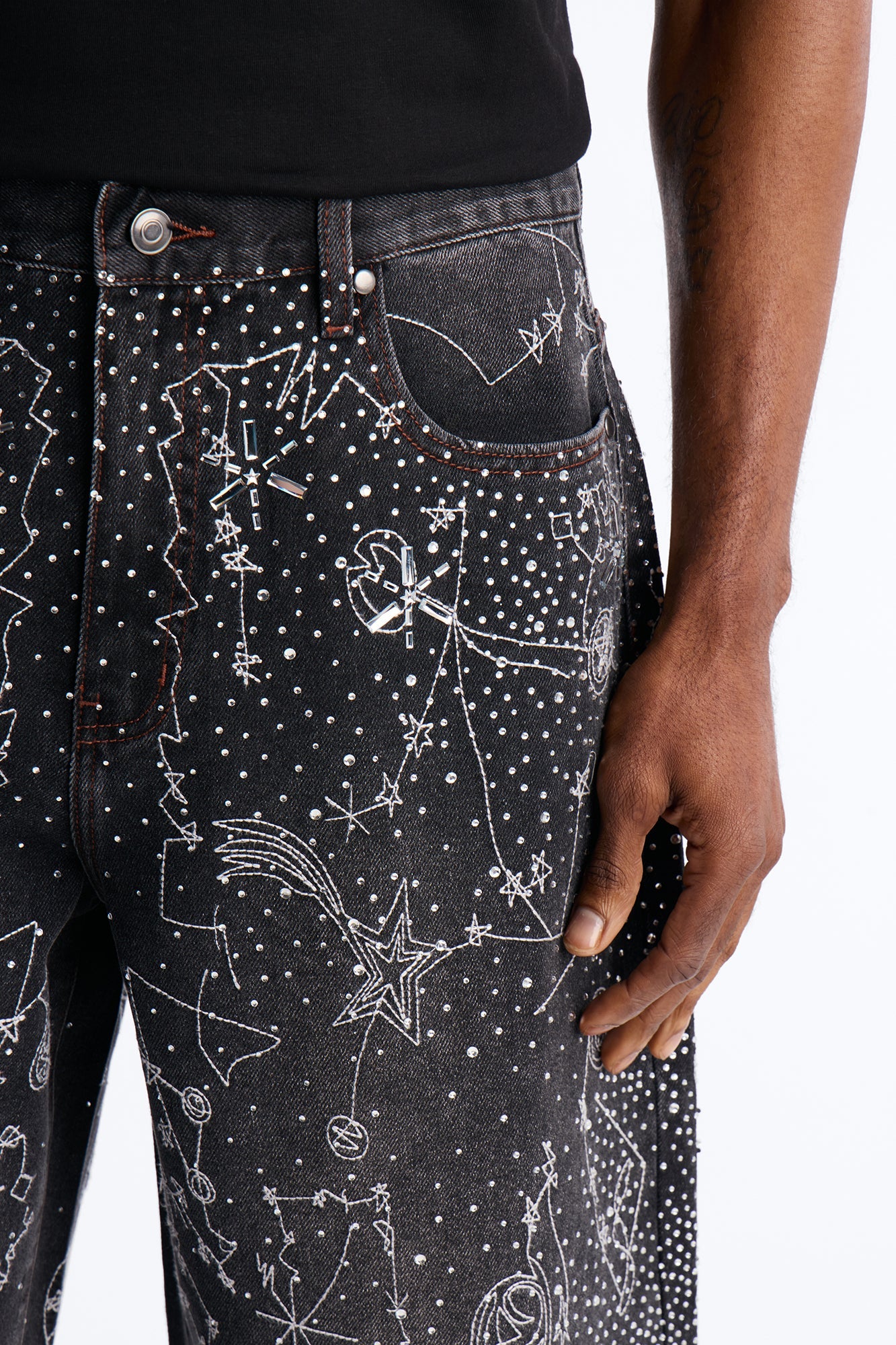 Rhinestone Interstellar Baggy Denim Short - Black Wash