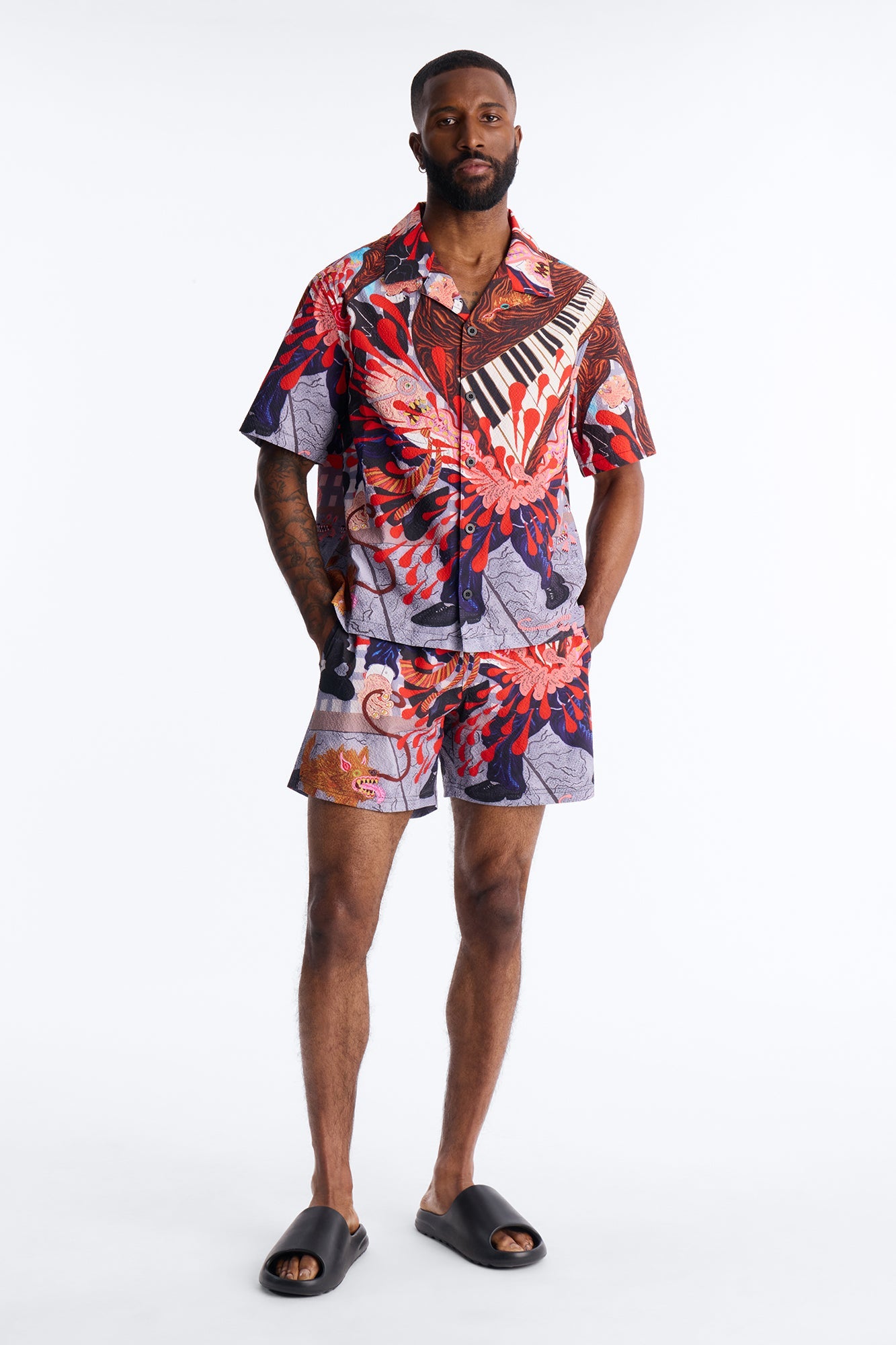 Relaxed Jazz Engine Seersucker Cuban Button Up Shirt - Multi Color