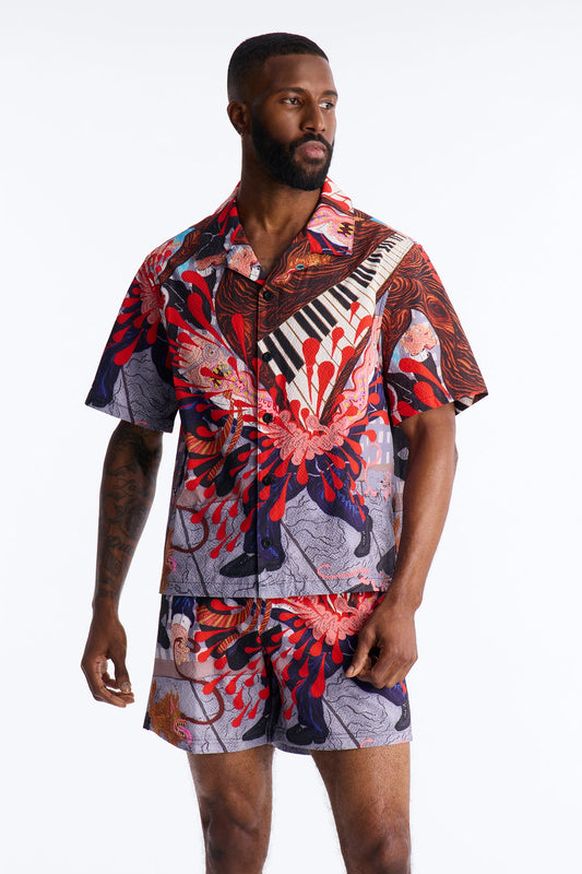 Relaxed Jazz Engine Seersucker Cuban Button Up Shirt - Multi Color
