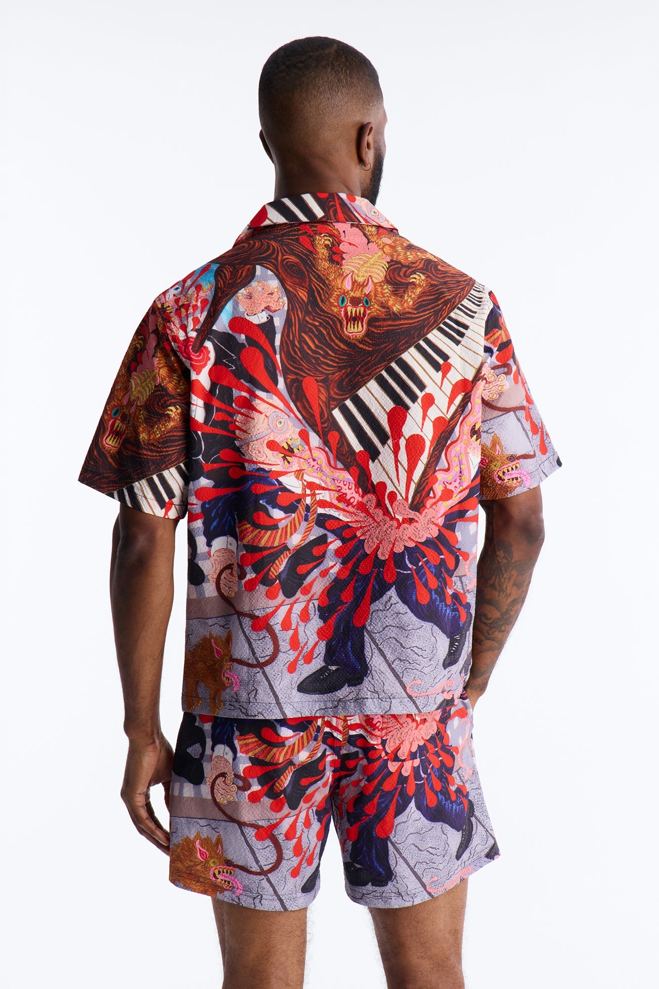 Relaxed Jazz Engine Seersucker Cuban Button Up Shirt - Multi Color