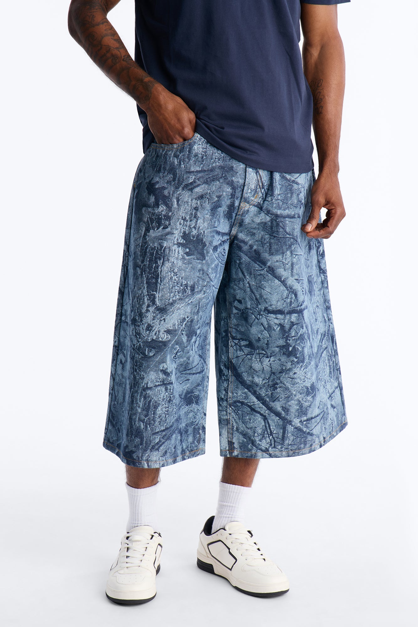 Super Baggy Concrete Camo Denim Short - Medium Blue Wash