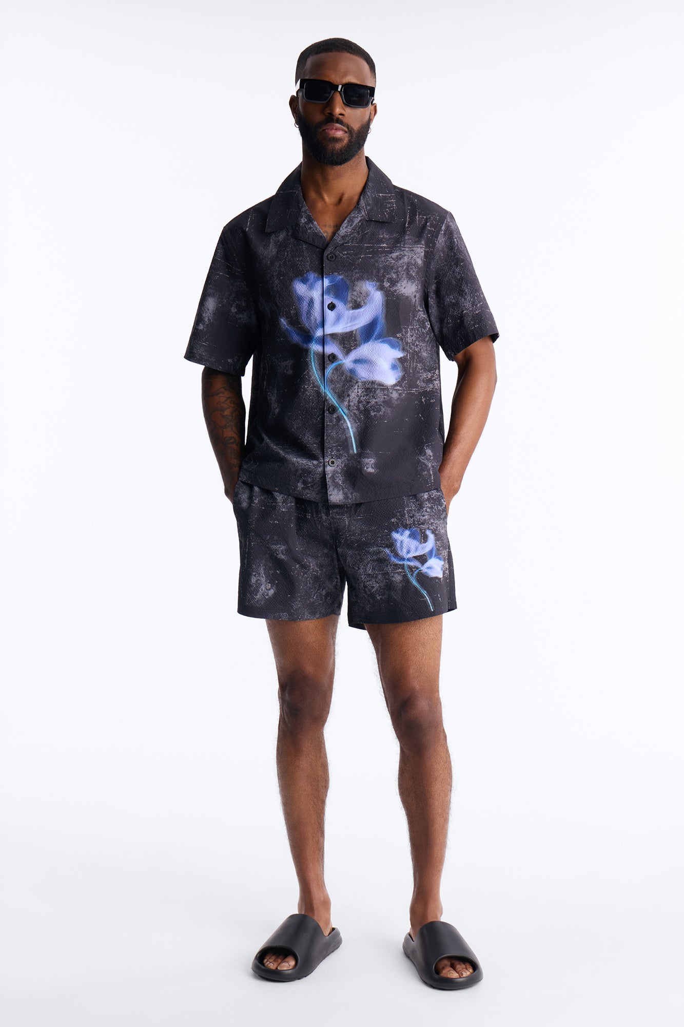 Relaxed Violet Static Seersucker Cuban Collar Up Shirt - Black