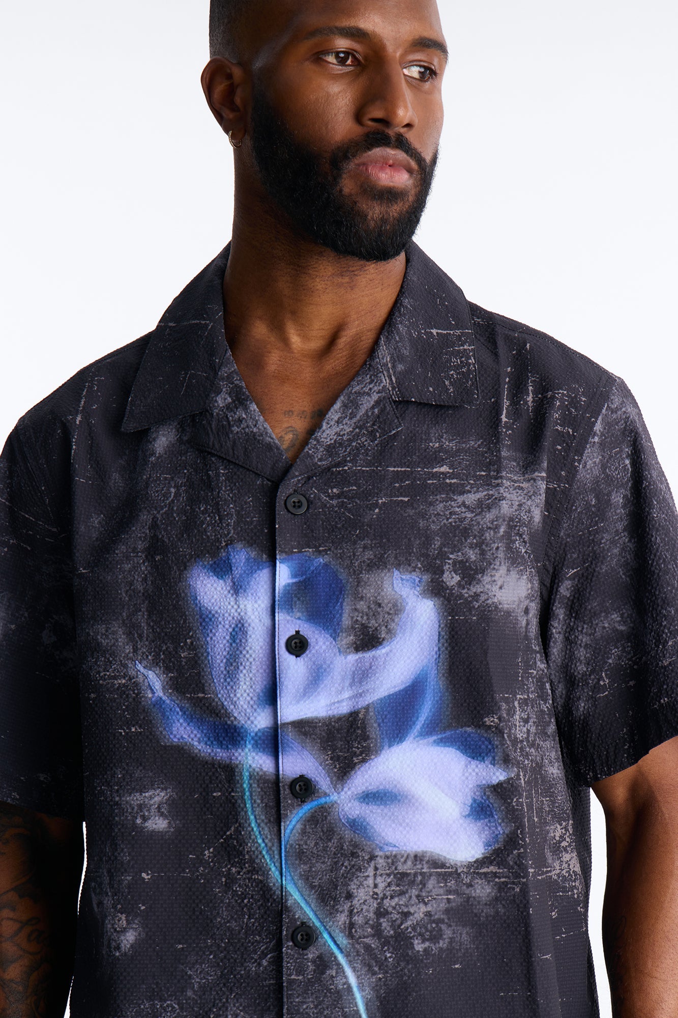 Relaxed Violet Static Seersucker Cuban Collar Up Shirt - Black