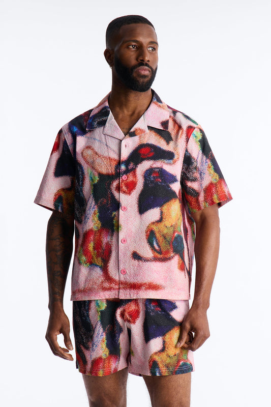 Relaxed Euphoric Blur Seersucker Cuban Button Up Shirt - Multi Color