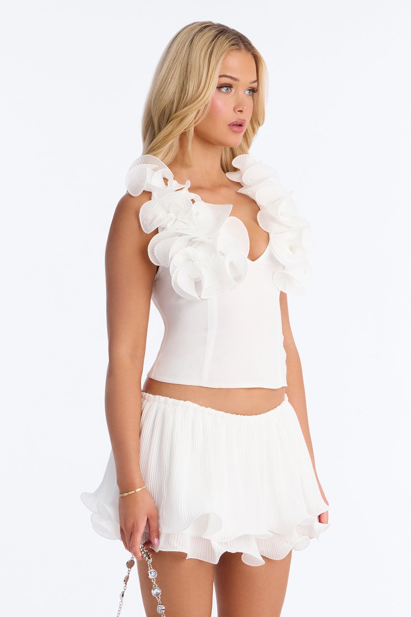 Spring Breeze Ruffle Chiffon Mini Skirt Set - White