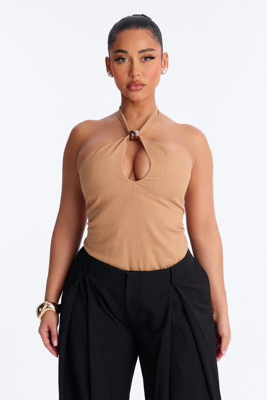 Iced Coffee Beaded Linen Halter Top - Camel
