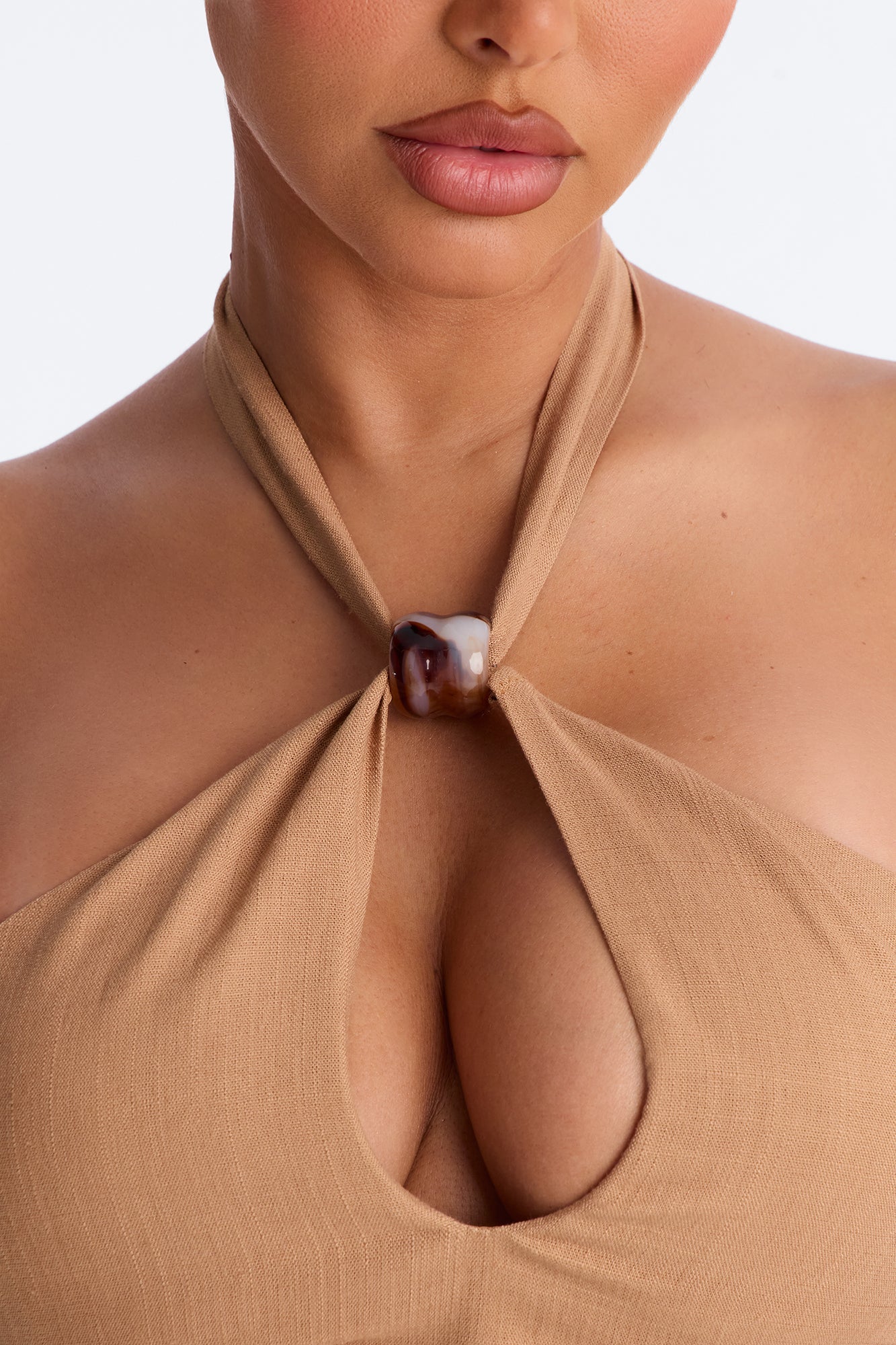 Iced Coffee Beaded Linen Halter Top - Camel NEWFASHIONEDGE