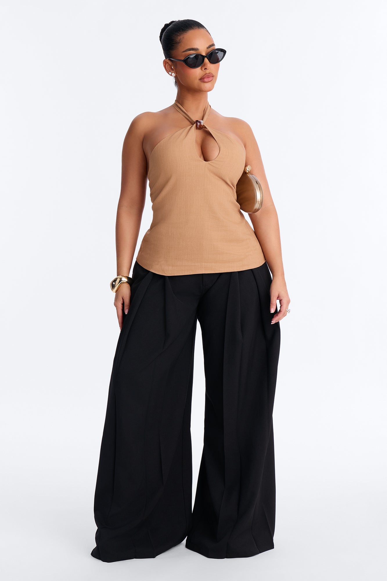 Iced Coffee Beaded Linen Halter Top - Camel NEWFASHIONEDGE