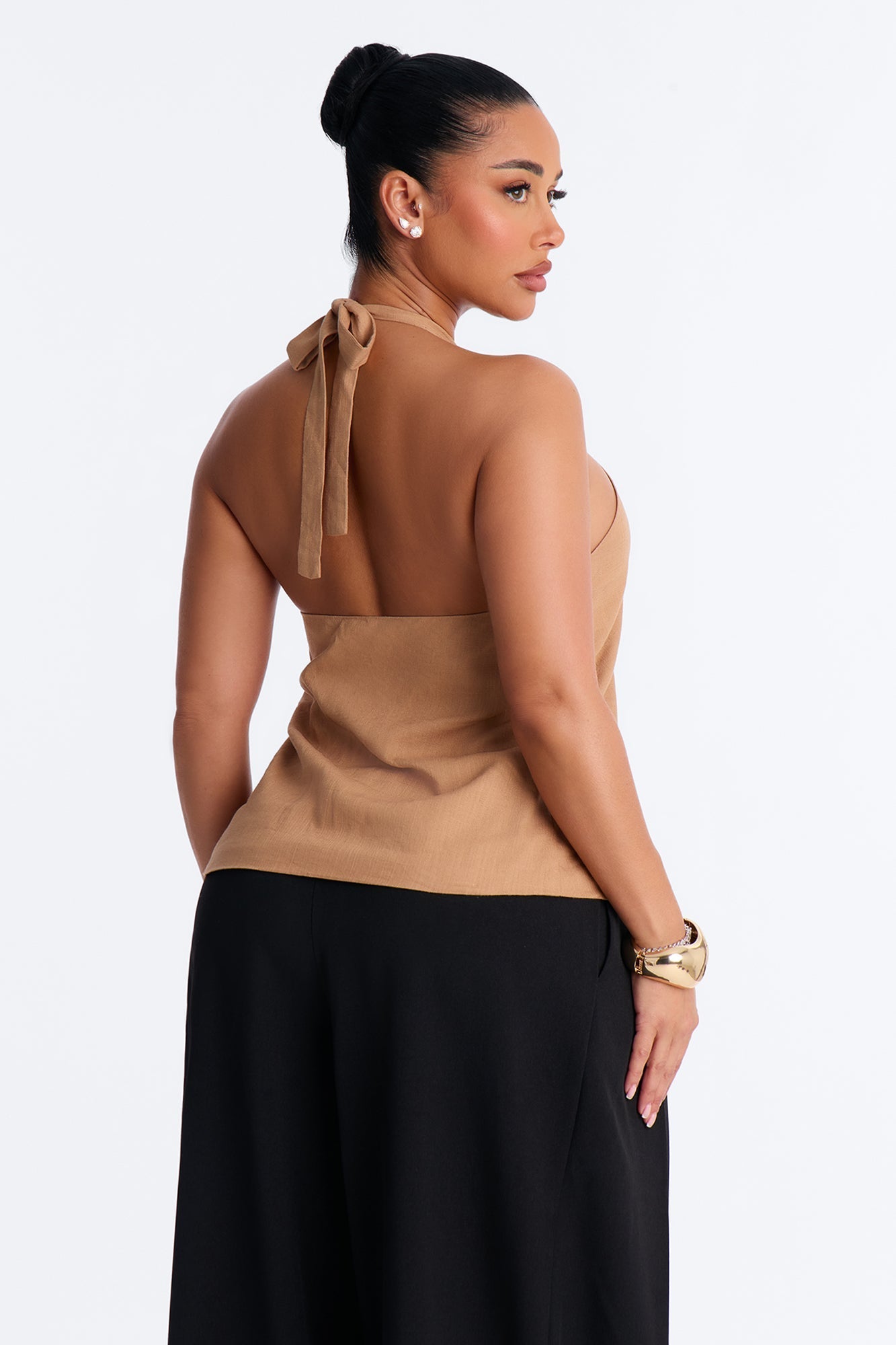 Iced Coffee Beaded Linen Halter Top - Camel NEWFASHIONEDGE