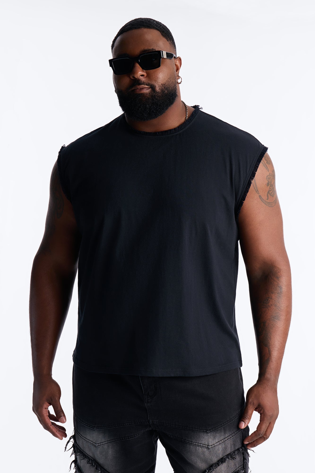 Relaxed Raw Edge Muscle Tee - Black