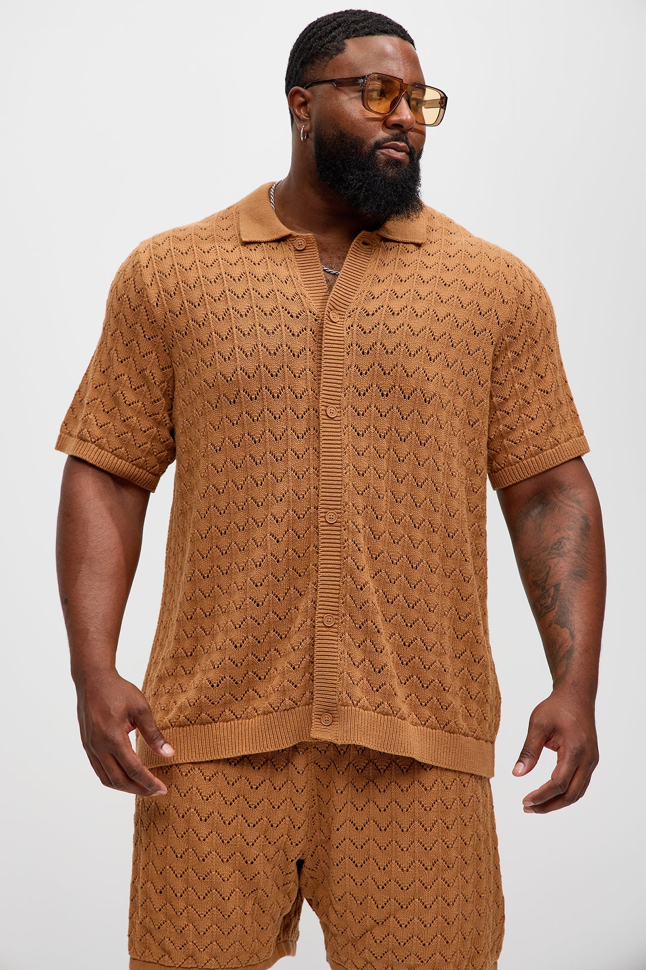 Waterfall Texture Open Knit Shirt - Brown