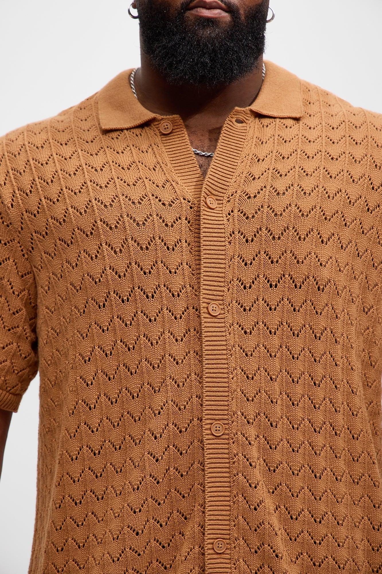 Waterfall Texture Open Knit Shirt - Brown