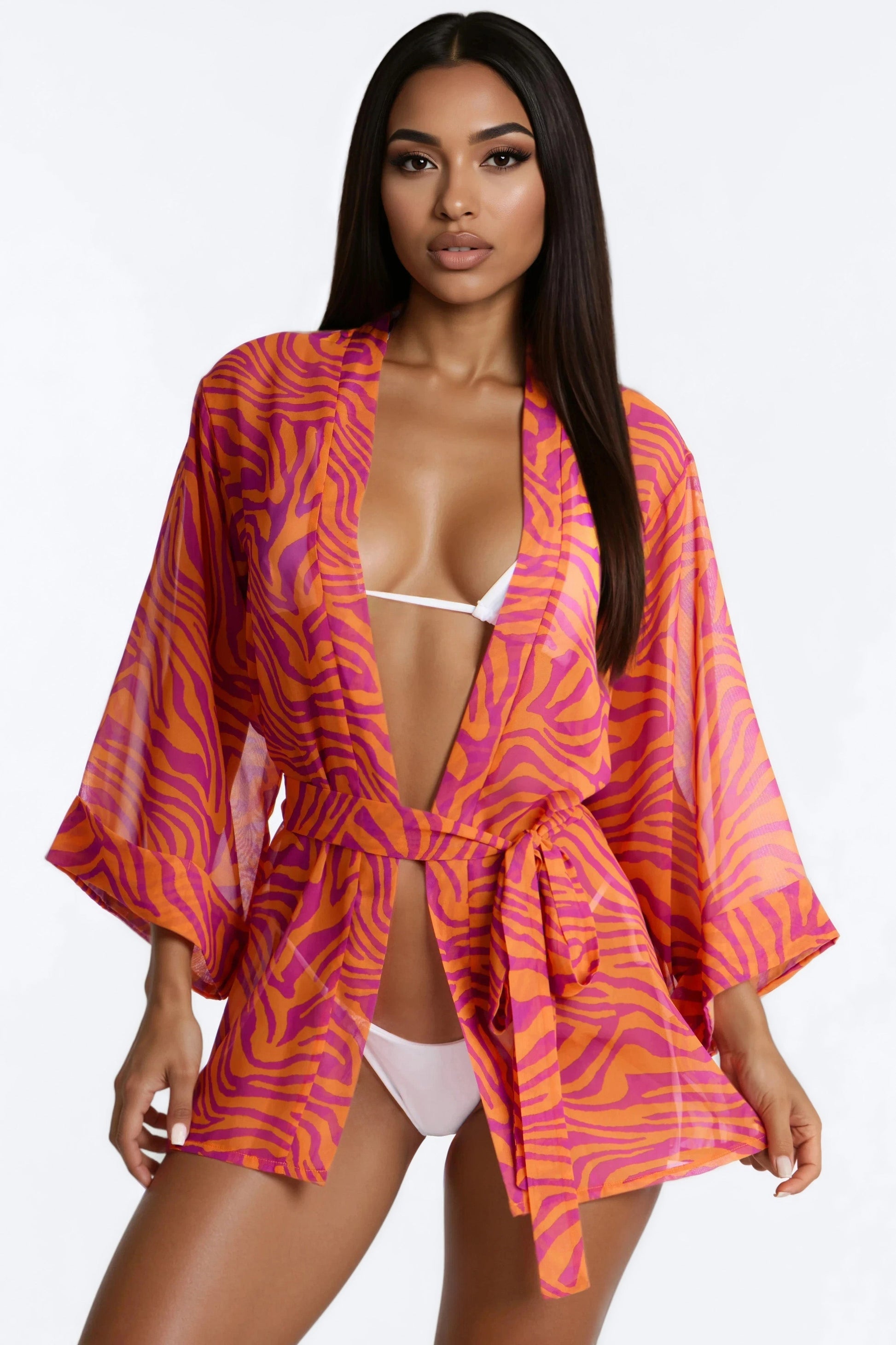 Nothing But A Stripe Waist Tie Swim Cover Up Kimono - Pink/combo NEWFASHIONEDGE