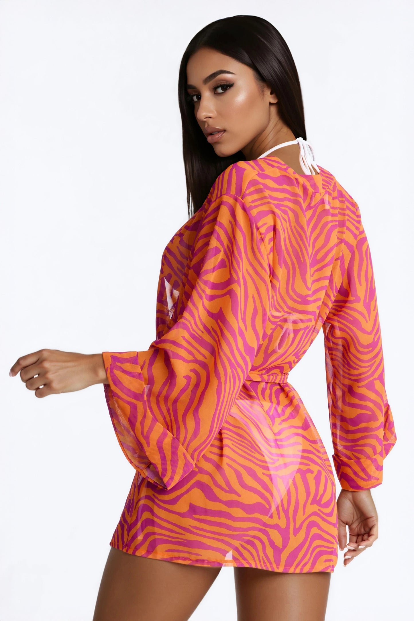 Nothing But A Stripe Waist Tie Swim Cover Up Kimono - Pink/combo NEWFASHIONEDGE