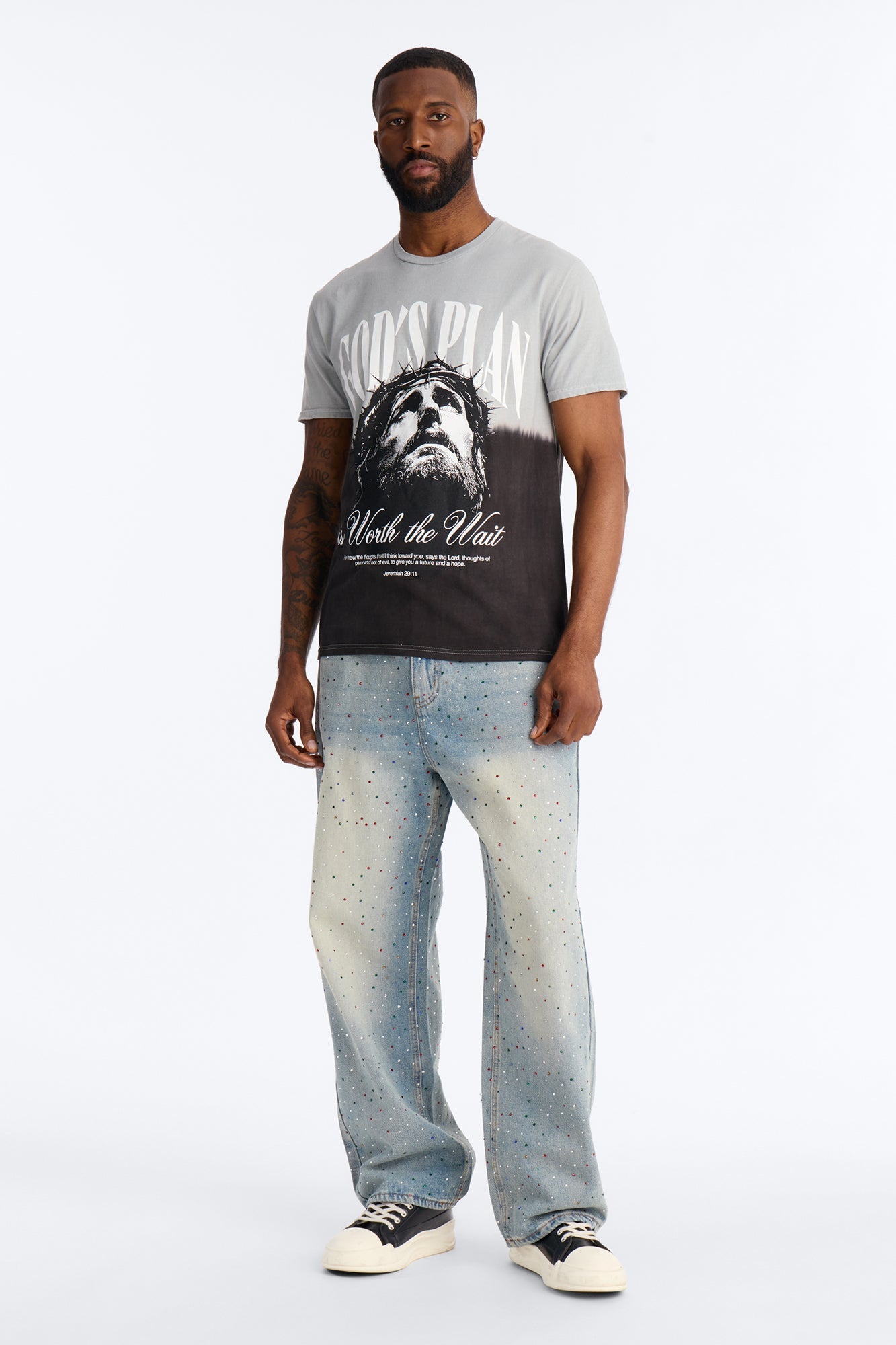 God's Plan Dip-Dye Graphic Short Sleeve Tee - Grey/Black
