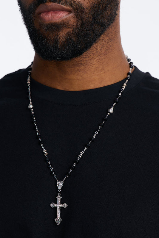 Beaded Rosary Style Cross Necklace - Silver/Black