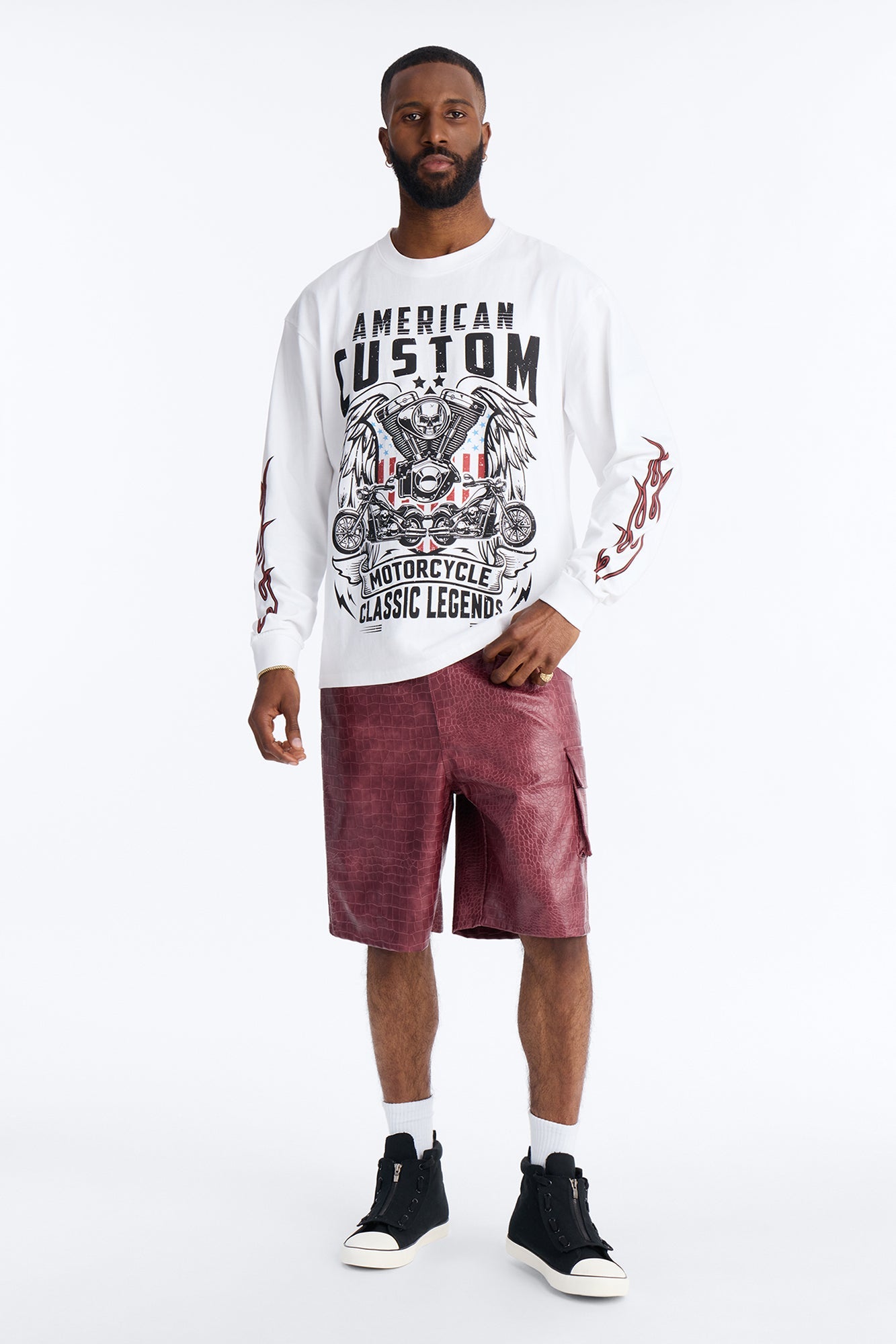 American Custom Motorcycle Oversized Long Sleeve Tee - White
