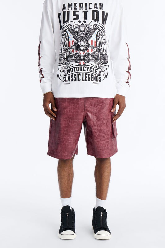 Relaxed Freedom Lane Faux Leather Croc Short - Burgundy