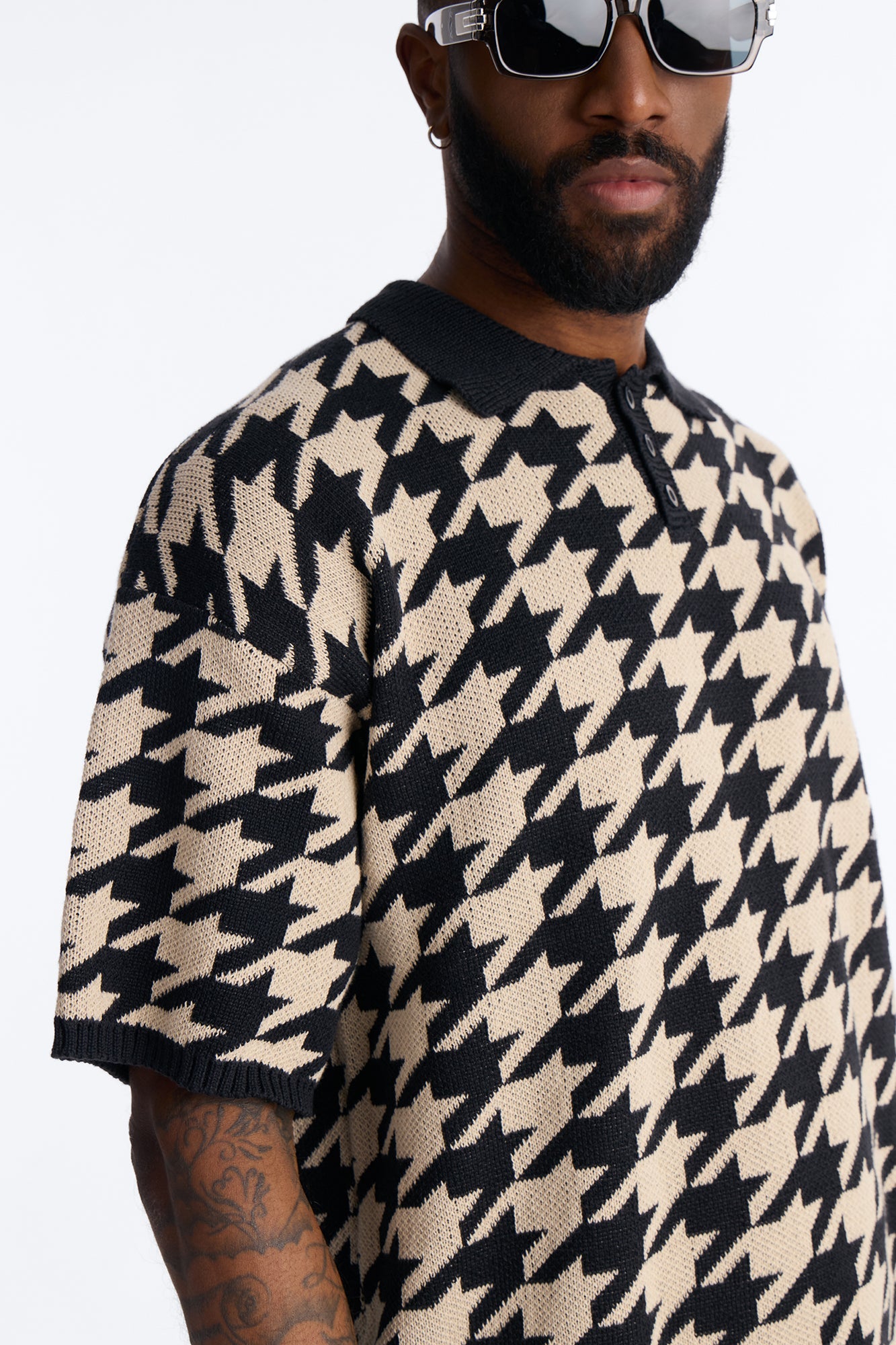 Houndstooth Short Sleeve Knitted Polo - Black