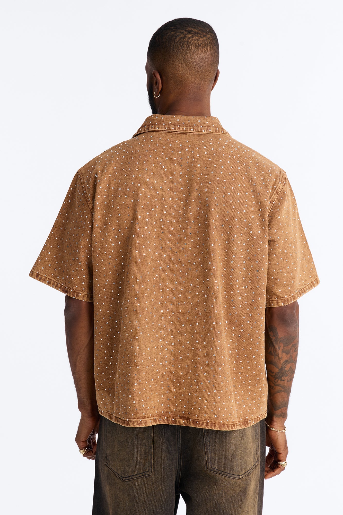 Cropped Embellished Denim Button Up Shirt - Brown
