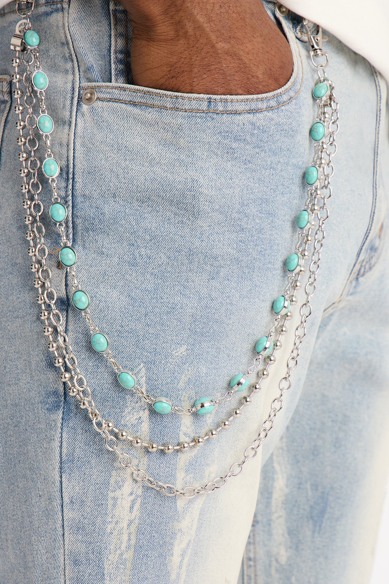 Multi Link Turquoise Stacked Pant Chain - Silver
