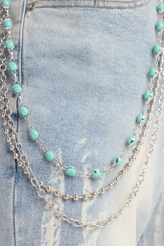 Multi Link Turquoise Stacked Pant Chain - Silver