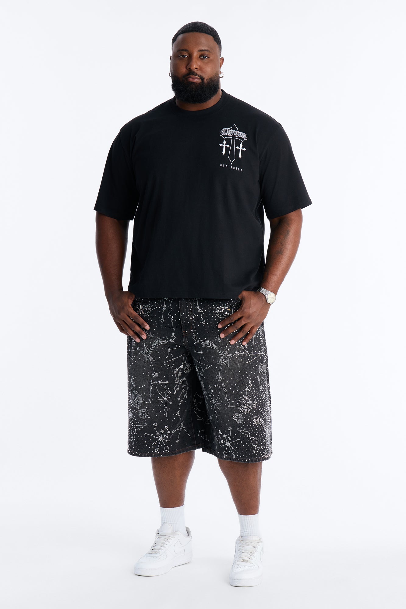 Rhinestone Interstellar Baggy Denim Short - Black Wash