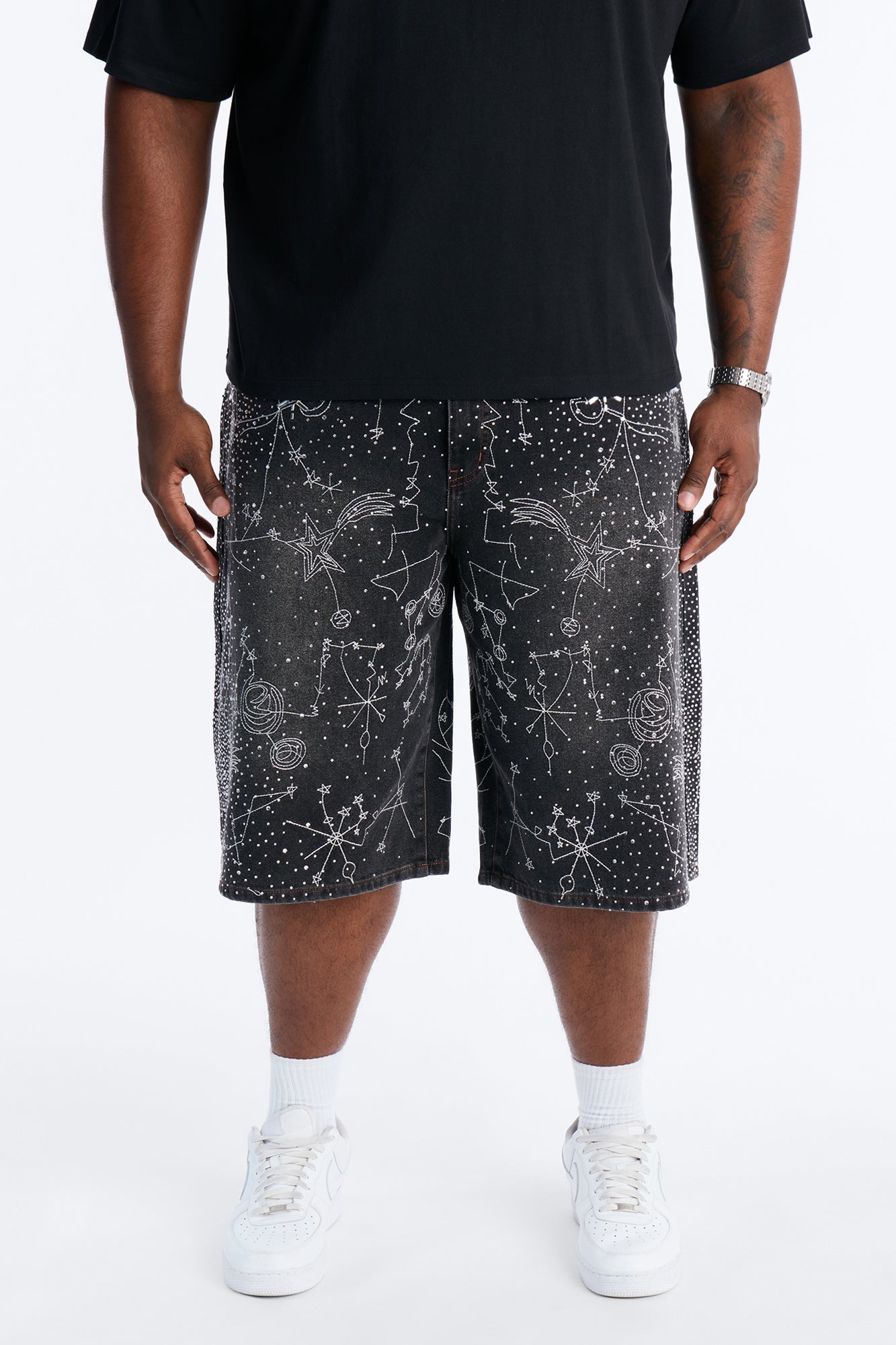 Rhinestone Interstellar Baggy Denim Short - Black Wash