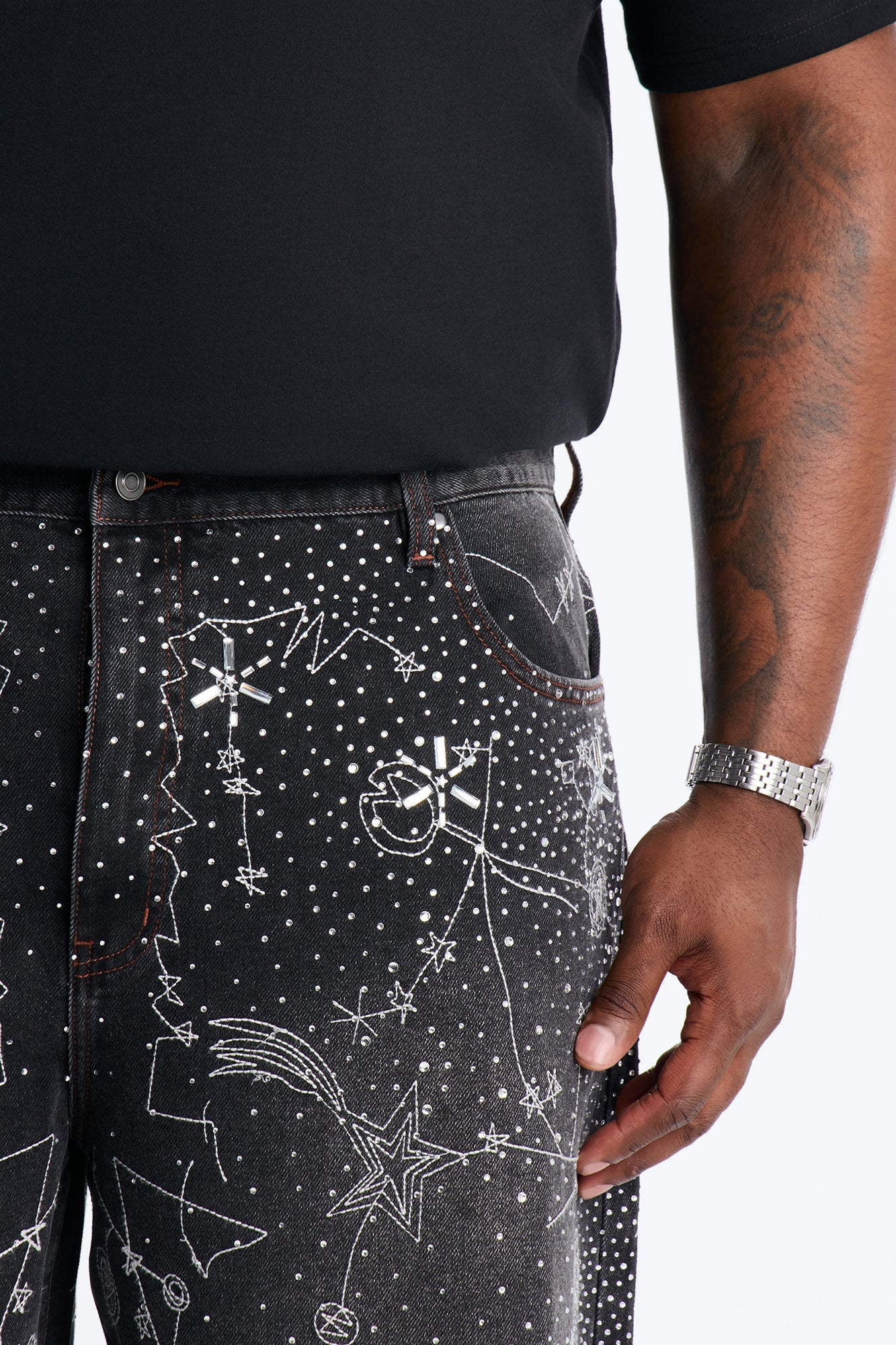 Rhinestone Interstellar Baggy Denim Short - Black Wash