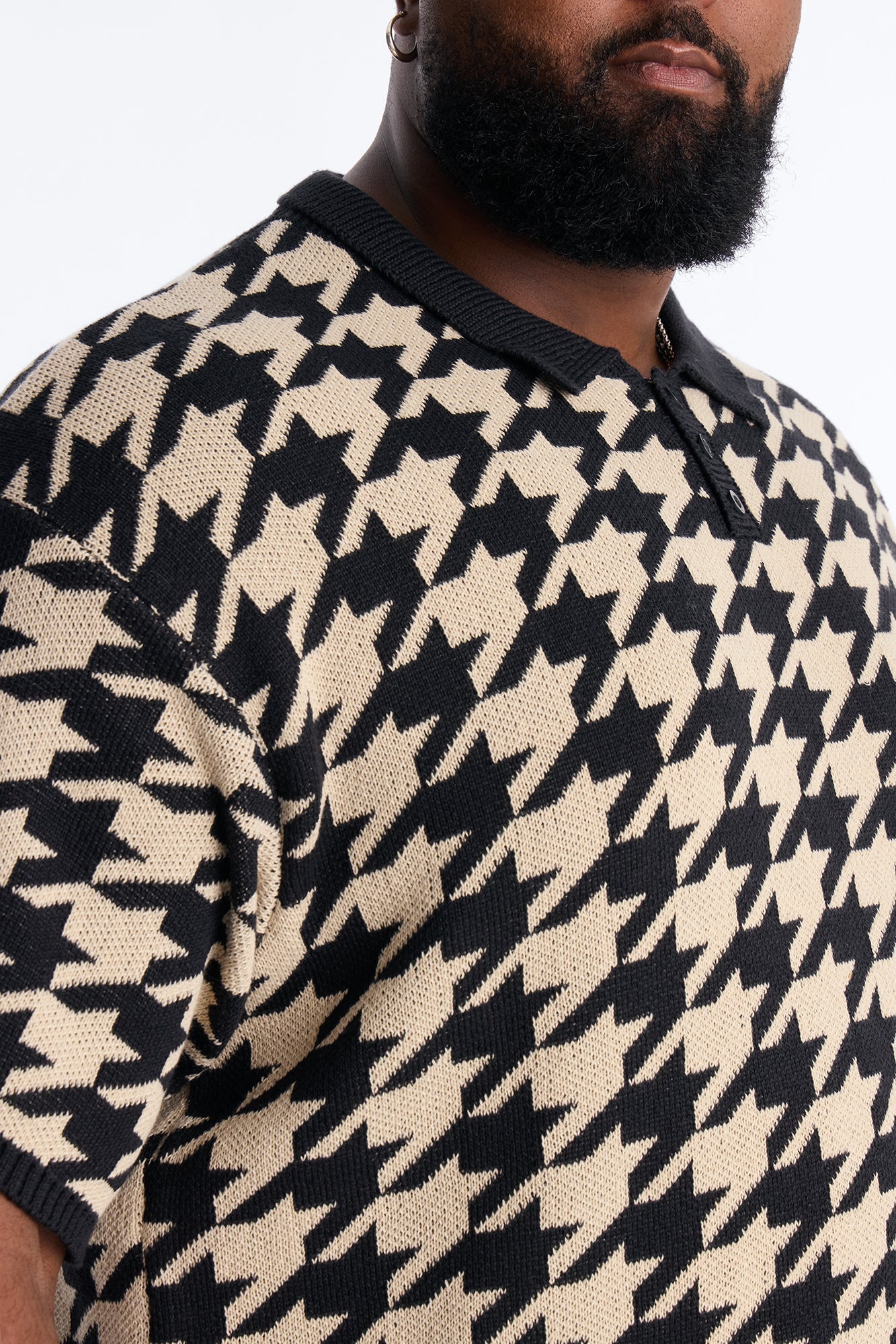 Houndstooth Short Sleeve Knitted Polo - Black