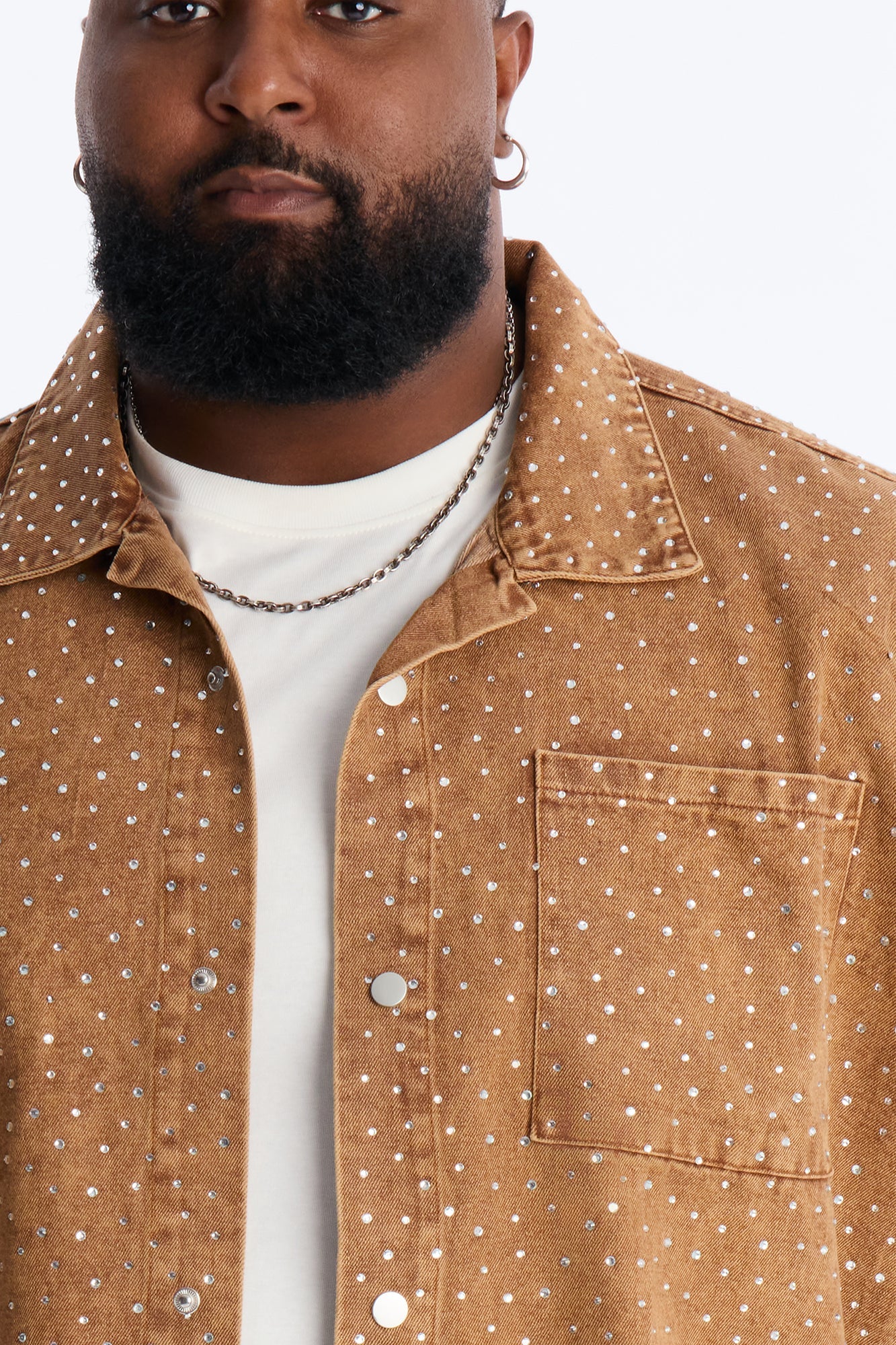 Cropped Embellished Denim Button Up Shirt - Brown