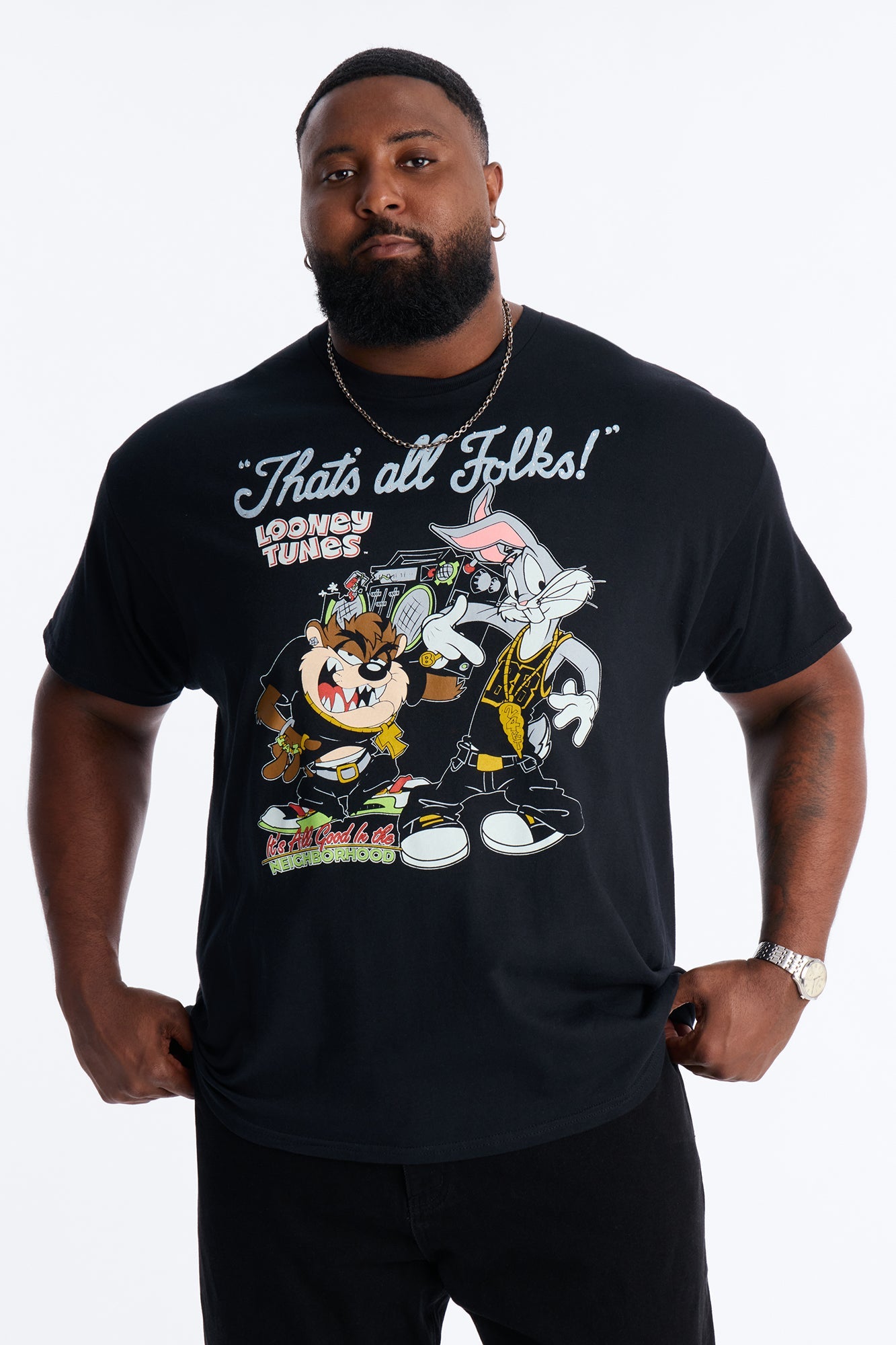 Looney Tunes Thats All Folks Rhinestone Short Sleeve Tee - Black