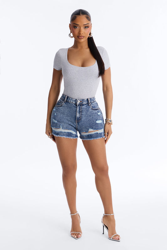 Monroe Ripped Stretch Denim Shorts - Dark Wash