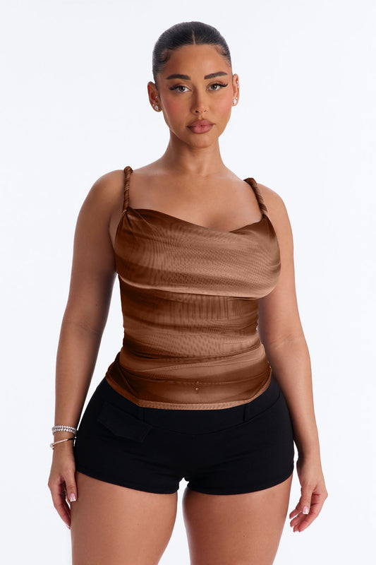 Abstract Dream Mesh Cowl Neck Twist Top - Taupe/combo