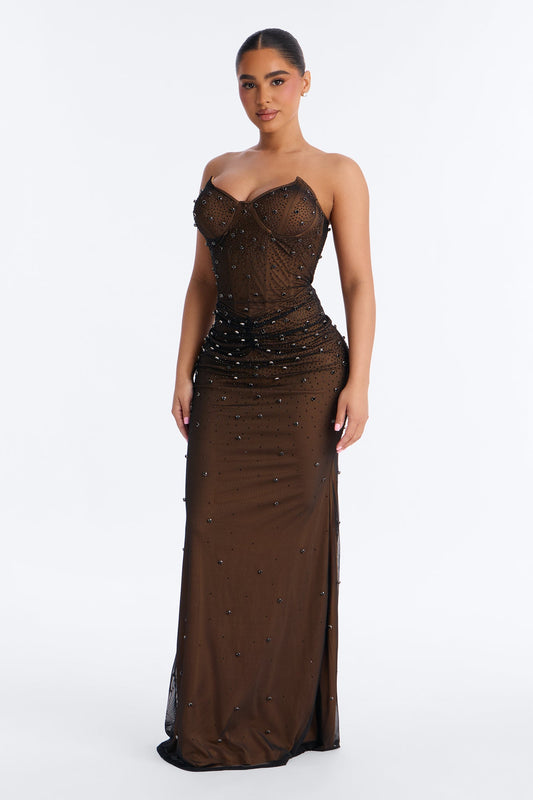 Zola Corset Rhinestone Mesh Gown - Black
