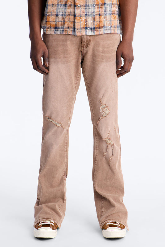 Stacked Skinny Flare Slit Dare Me Distressed Jean - Dark Brown