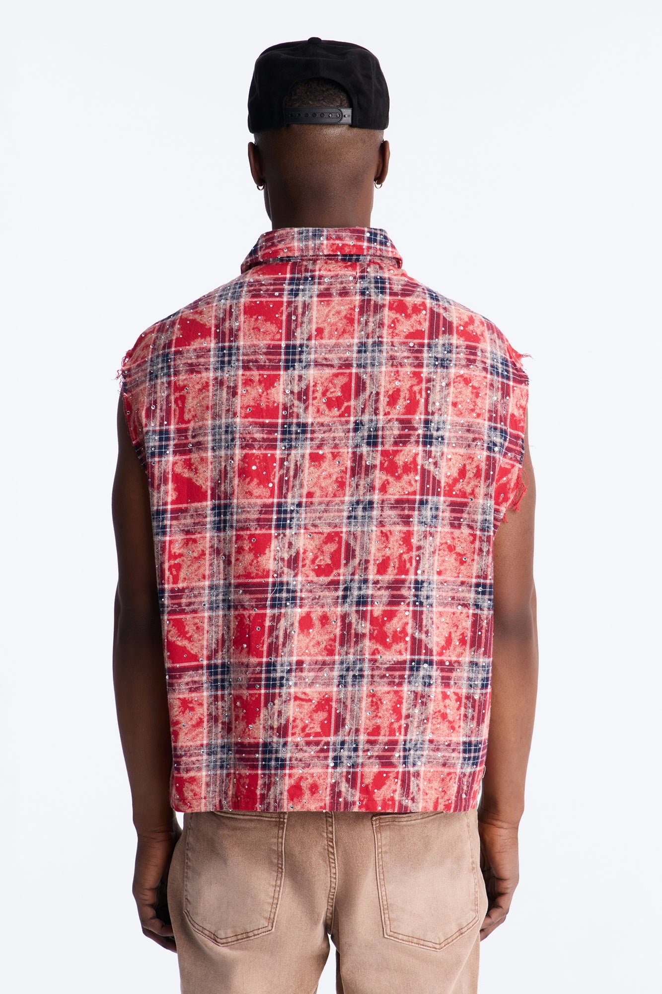 Rhinestone Rain Sleeveless Plaid Flannel - Red
