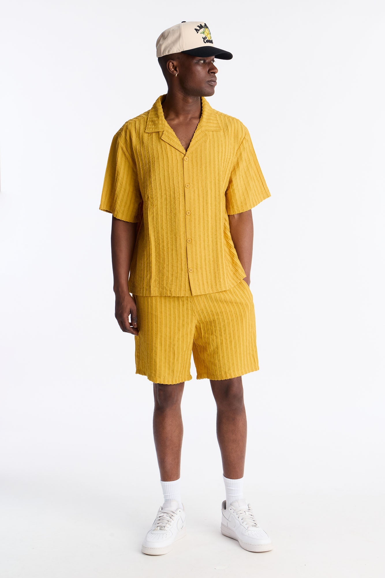 Relaxed Aegean Pleat Cuban Collar Button Up - Mustard